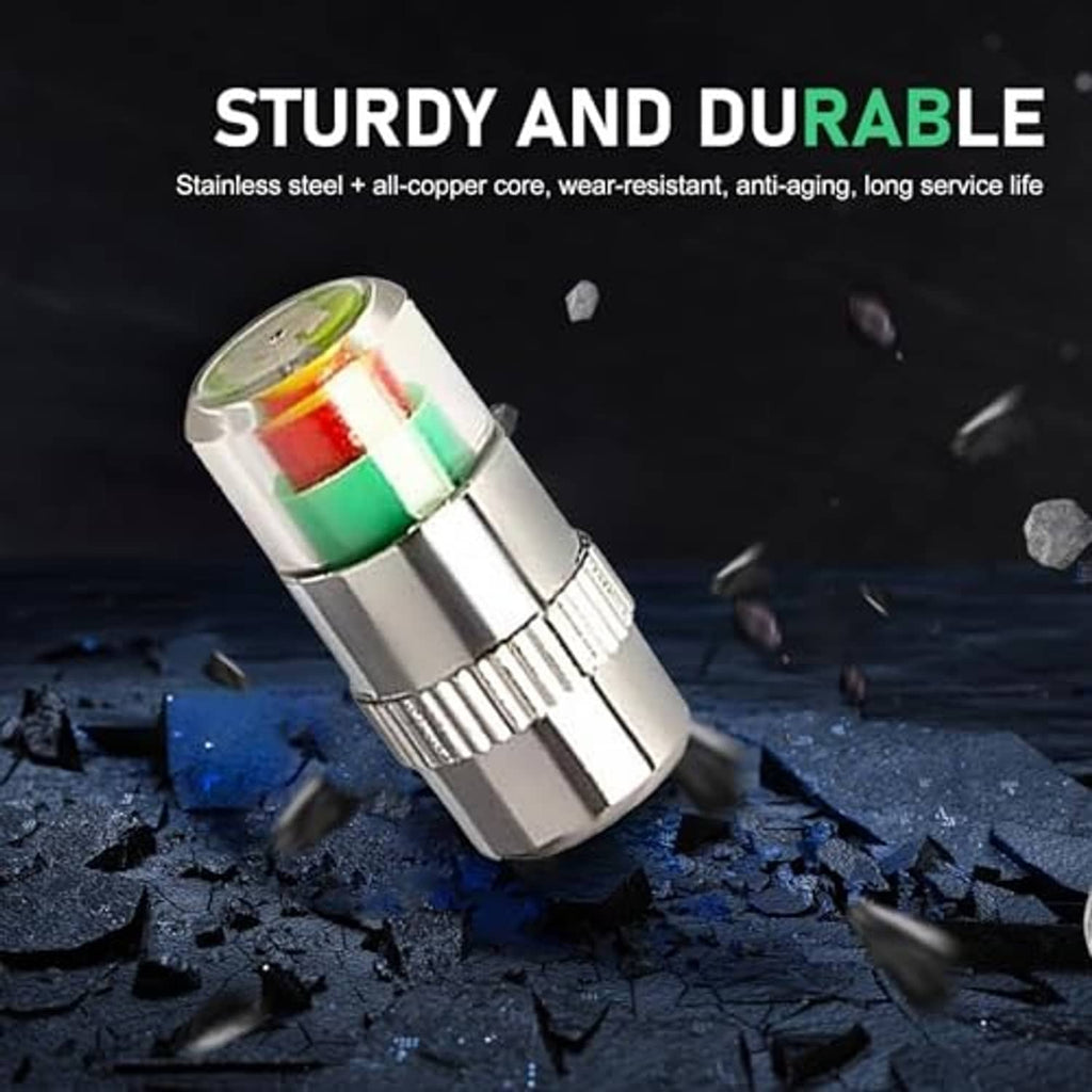 Silver durable tire valve stem cap with green and red indicator ring