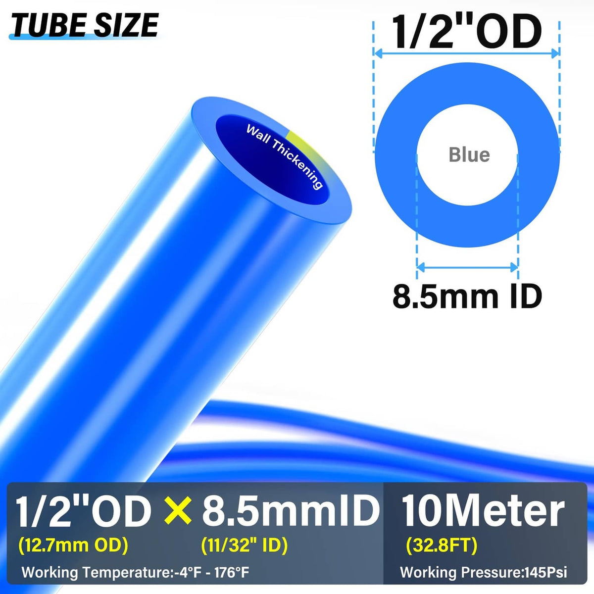 Blue PU tube size diagram: 1/2 in OD, 8.5 mm ID, 10 m length