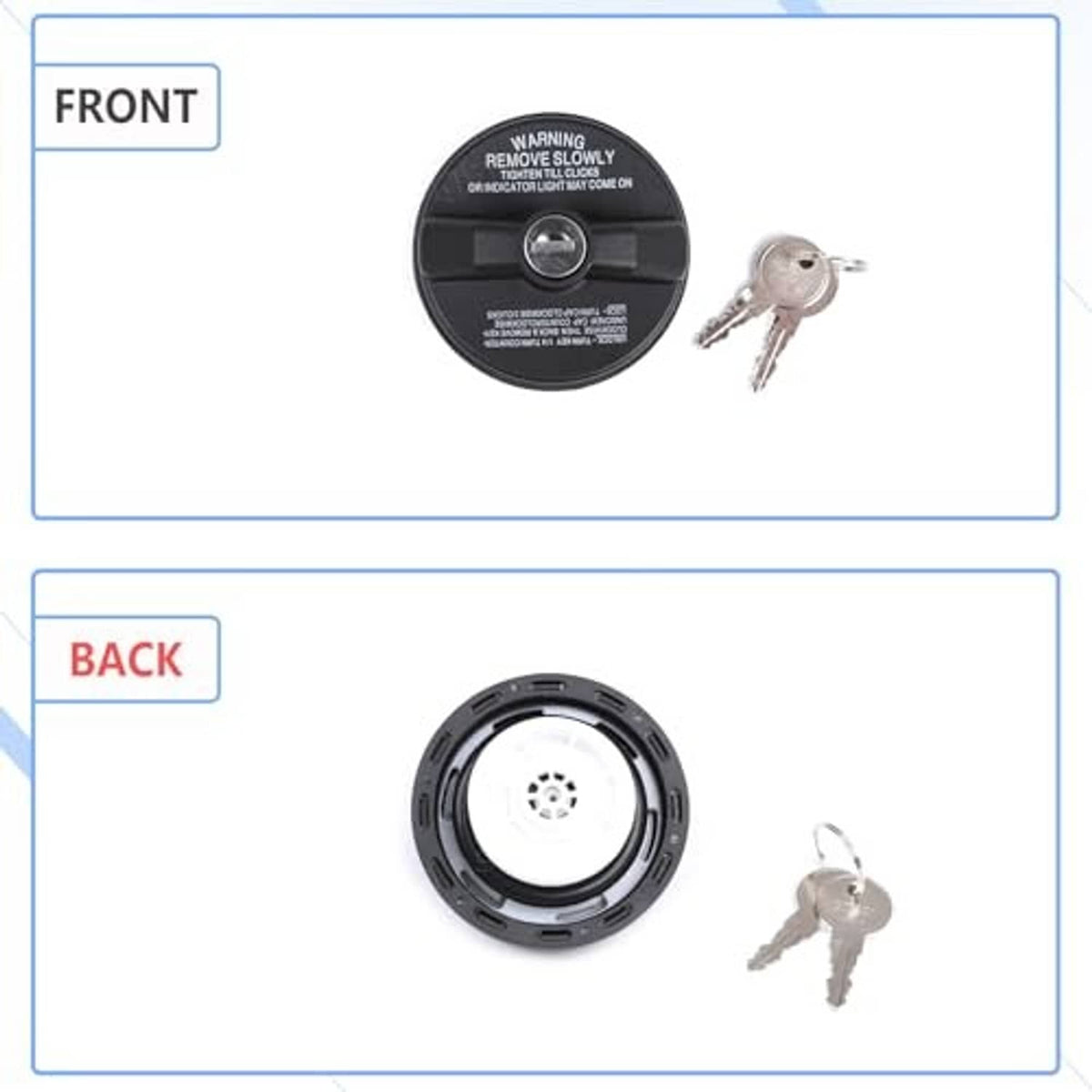 Black fuel tank lock cap front and back views with metal keys