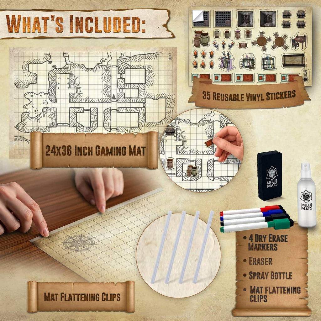 24x36 inch grid gaming mat with reusable vinyl stickers, markers, eraser and clips
