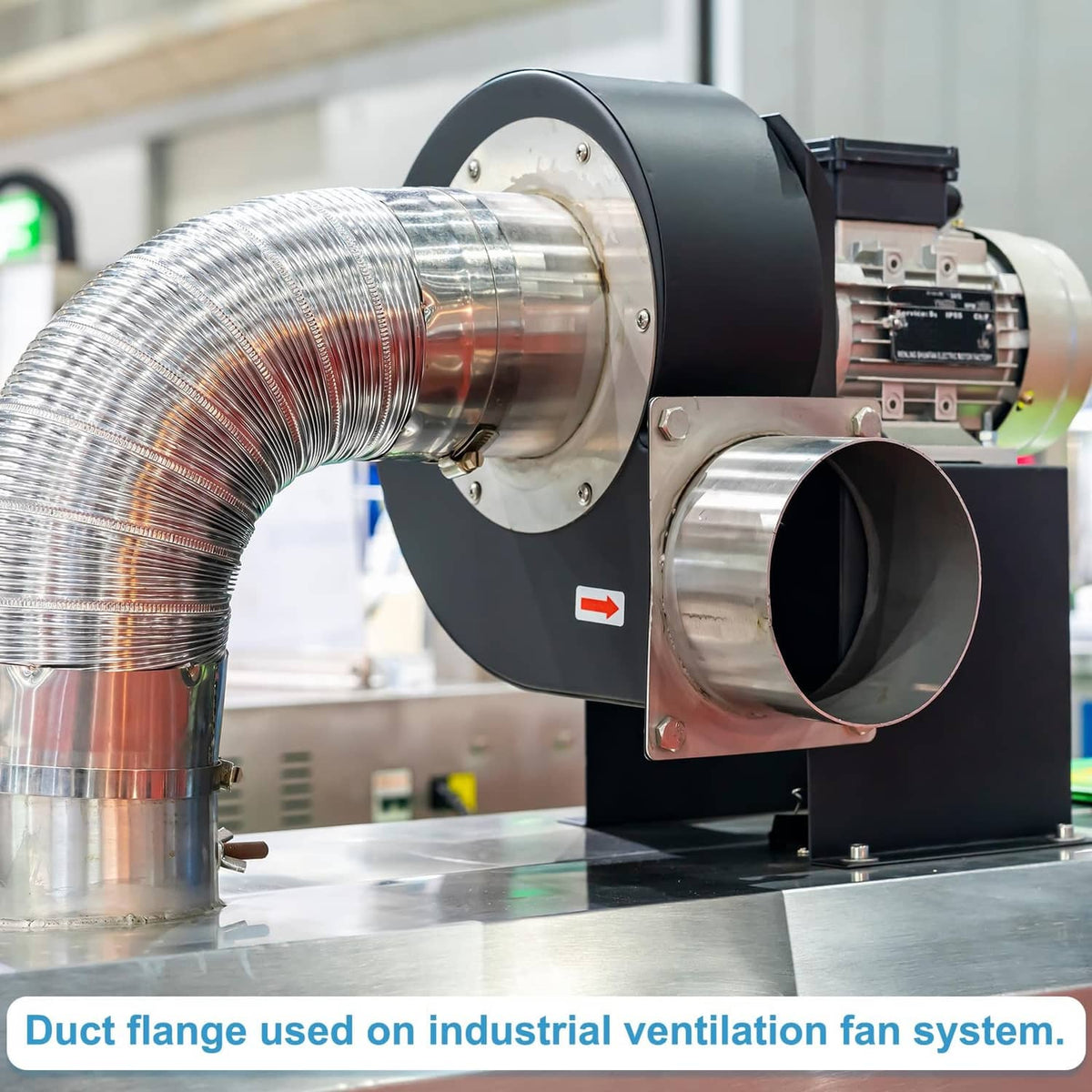 Duct connector flange on industrial fan housing with flexible duct attached
