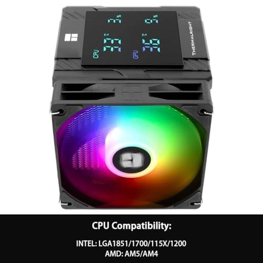 Black CPU cooler with rainbow ARGB fan and top digital ARGB display