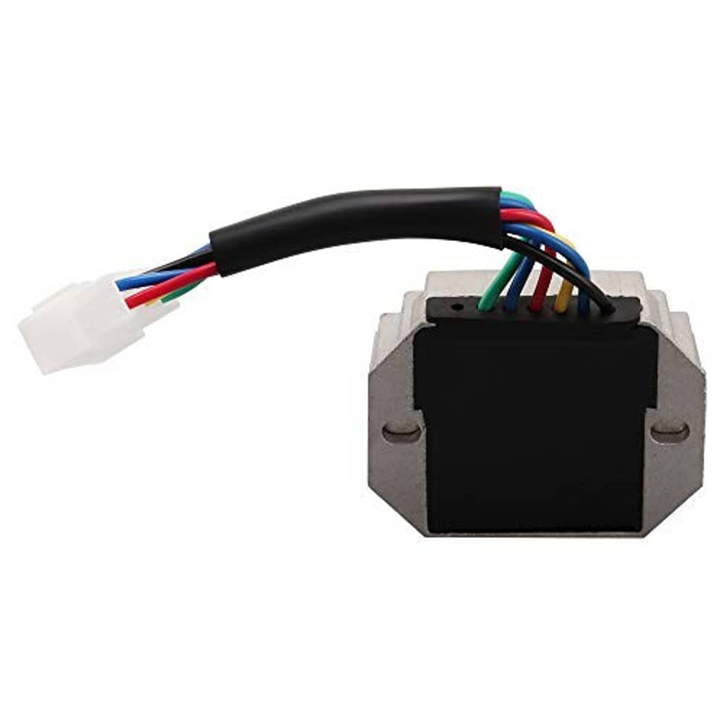 Voltage regulator rectifier with wire leads and black regulator block, gray frame
