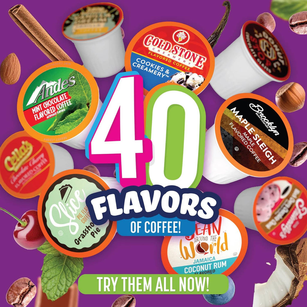 Assorted coffee pod flavors promotional graphic with 40 flavor icons and cups