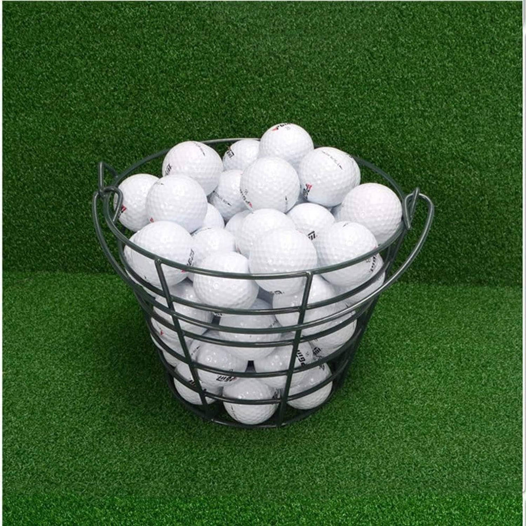 Dark metal golf ball bucket holding multiple white golf balls with wire frame