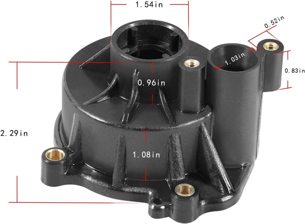 Water pump impeller housing diagram with measurement callouts and mounting holes
