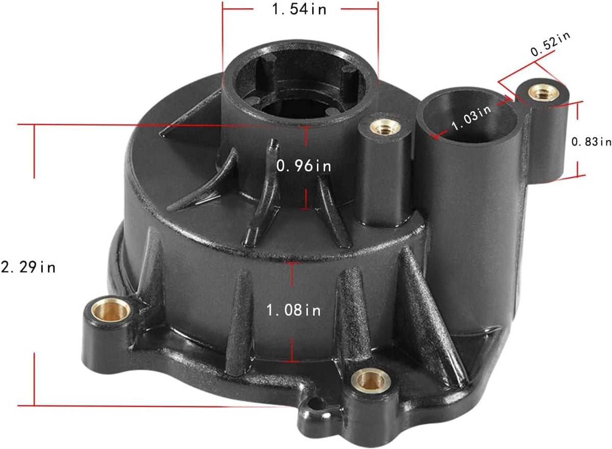 Water pump impeller housing diagram with measurement callouts and mounting holes