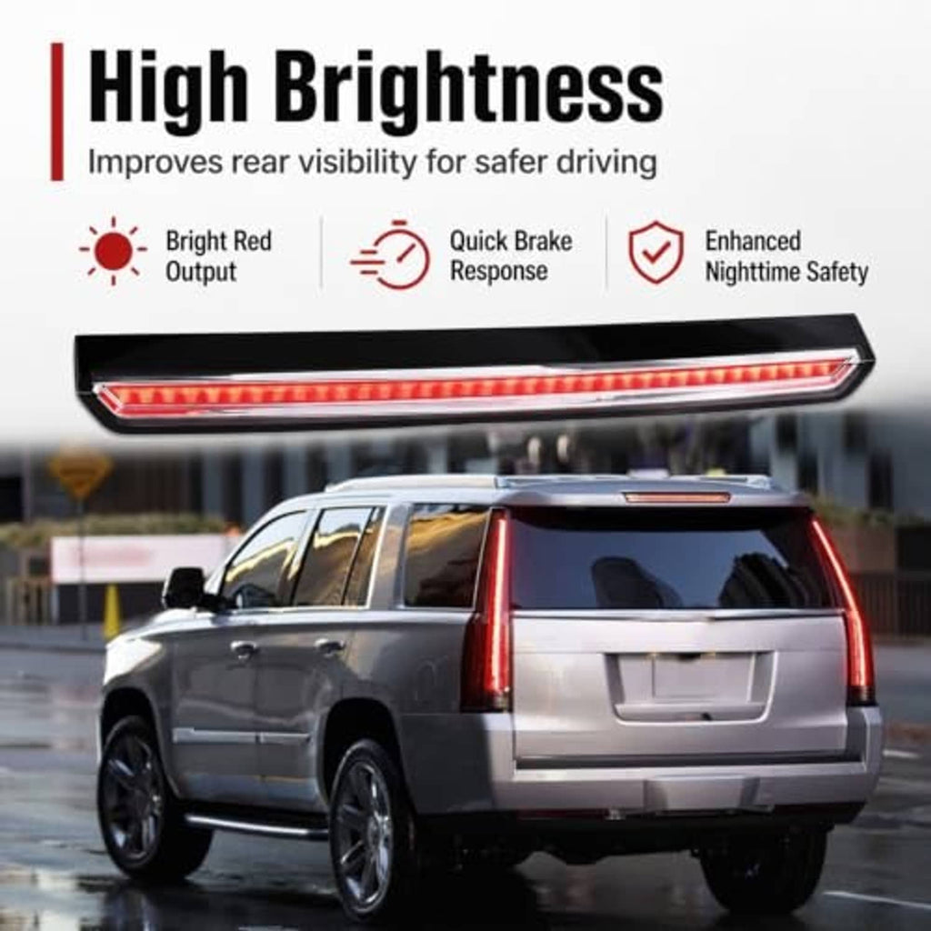 Rear center LED brake light bar glowing red with black outer frame