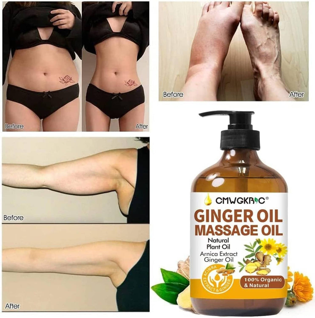 Ginger oil massage oil bottle with black pump beside before-and-after body photos.