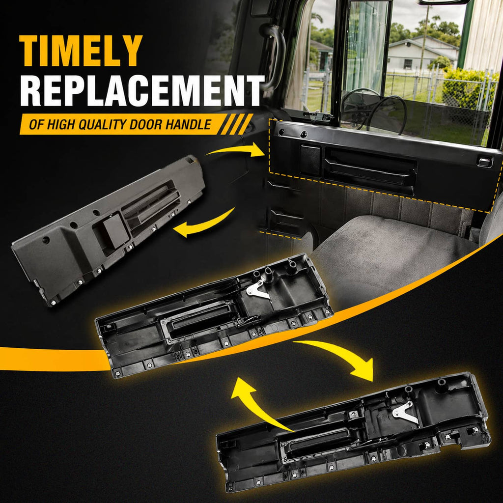 Pair of black interior door handle panels with recessed handle openings and fasteners