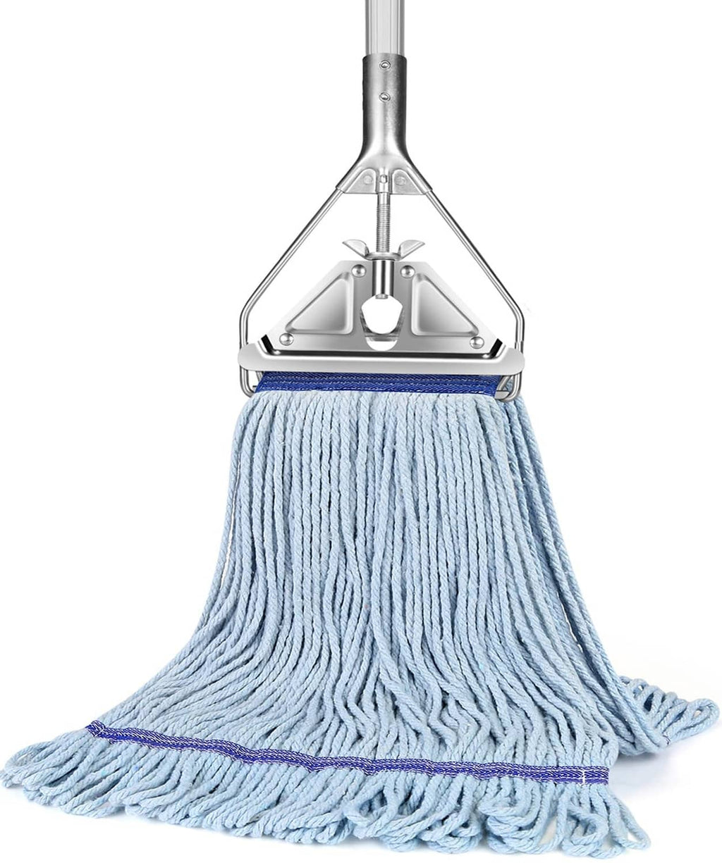 Heavy-duty string mop head with light blue cotton strands and metal base