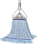 Heavy-duty string mop head with light blue cotton strands and metal base