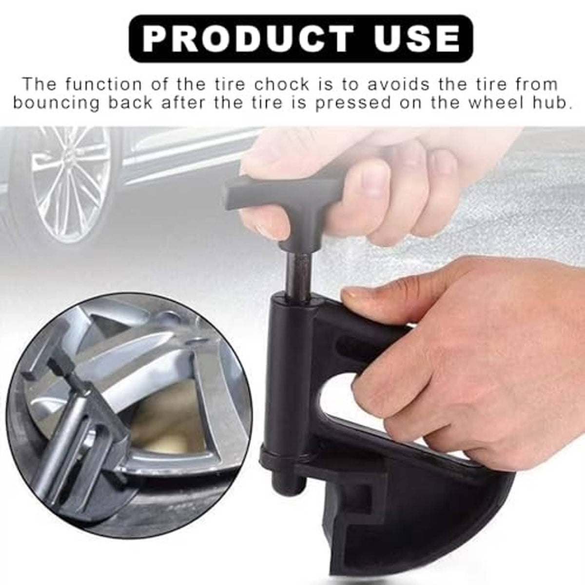 Black tire bead clamp tool being used on a wheel rim, hand gripping the handle