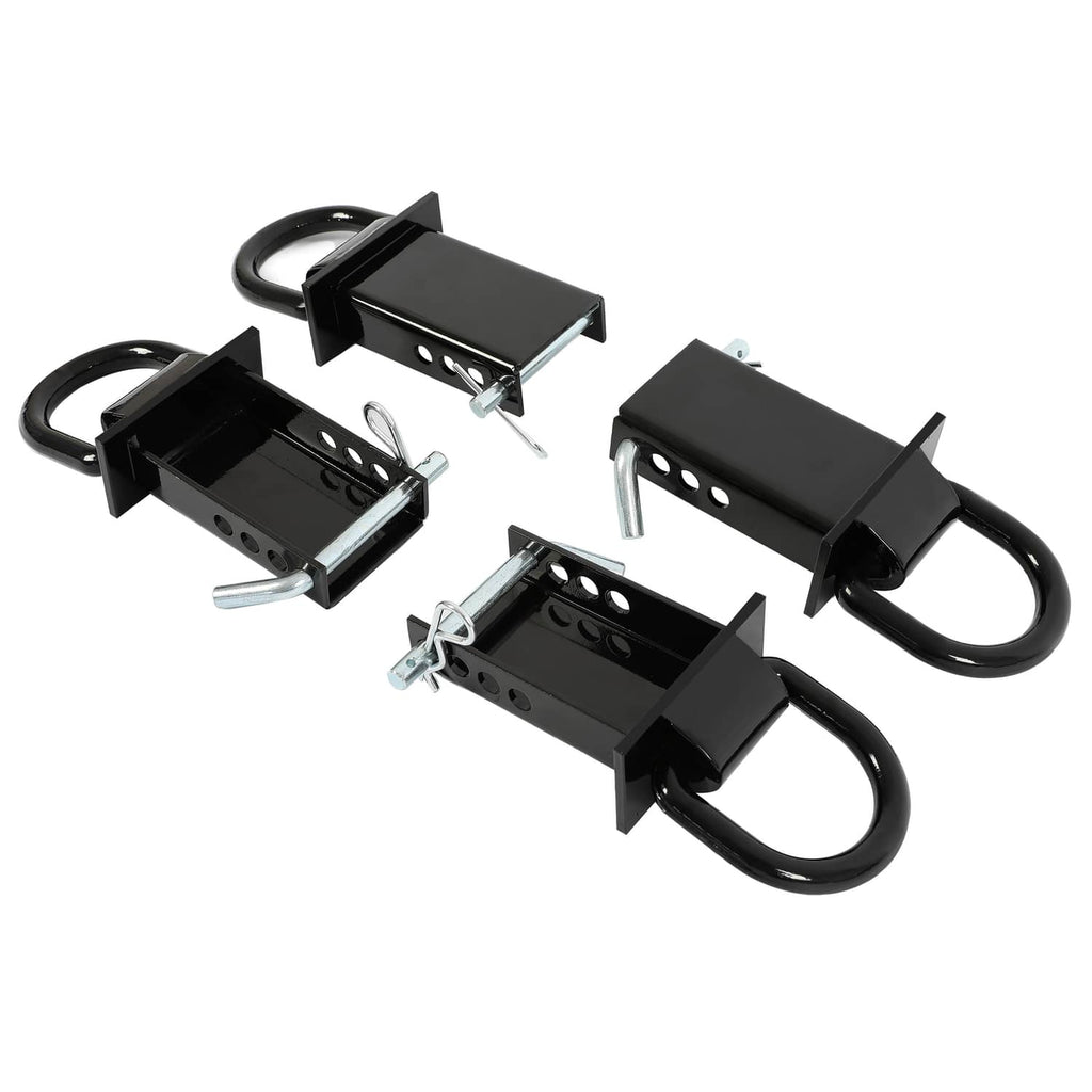 Adjustable tie-down D-ring brackets, black metal with U-bolts and latch pins
