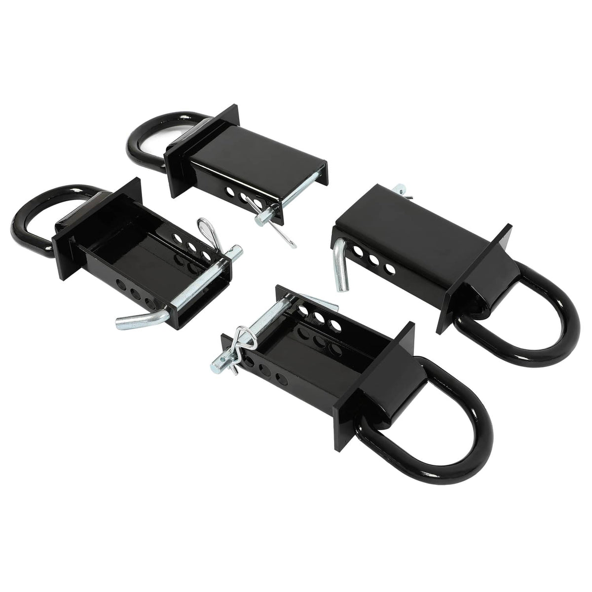 Adjustable tie-down D-ring brackets, black metal with U-bolts and latch pins