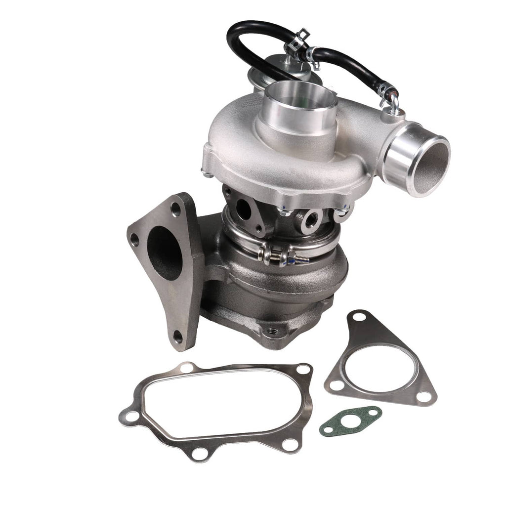 Turbocharger assembly with black hoses and multiple gaskets, shown at an angled view