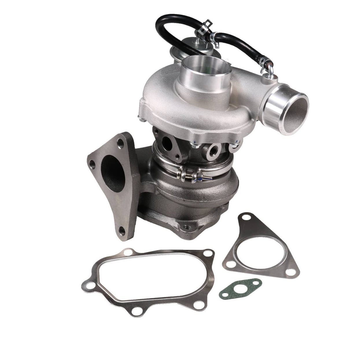 Turbocharger assembly with black hoses and multiple gaskets, shown at an angled view