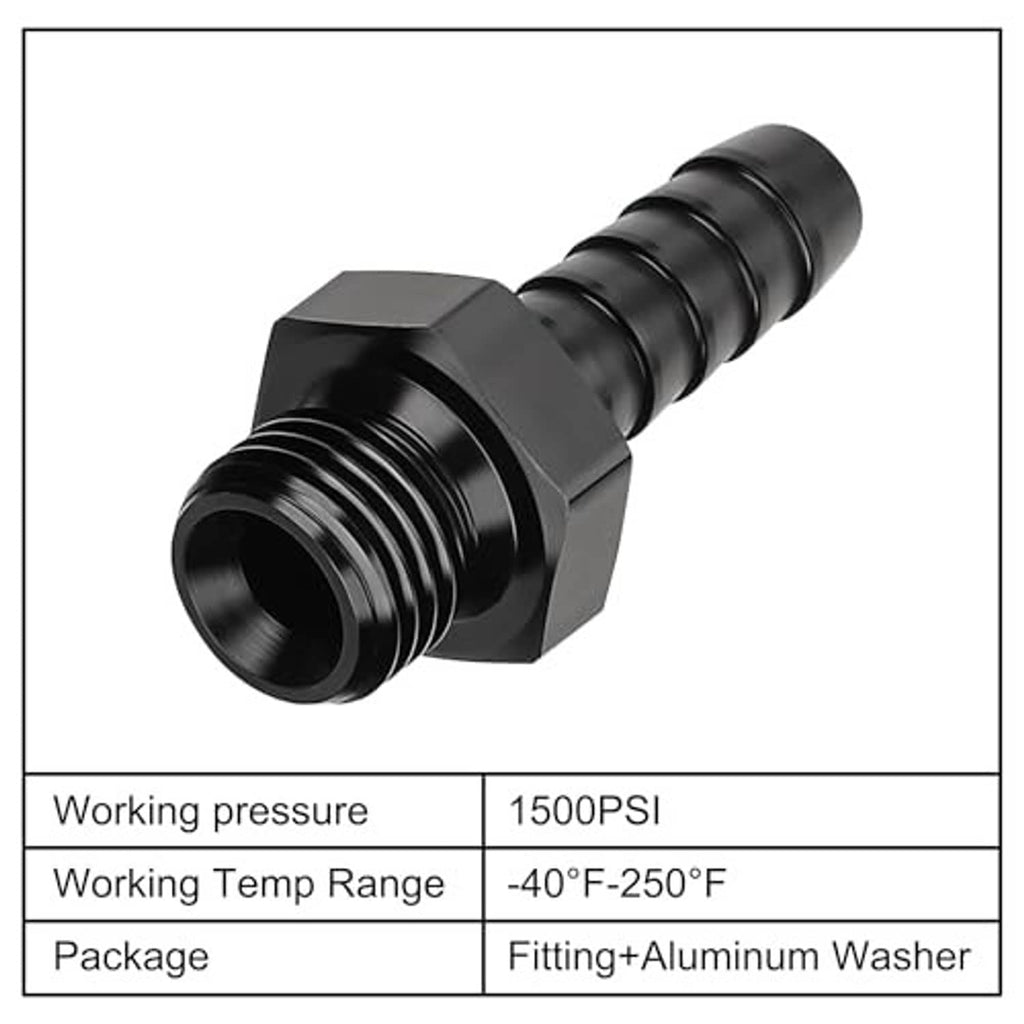 Black aluminum hose barb fitting with hex base and barbed 3/8" end