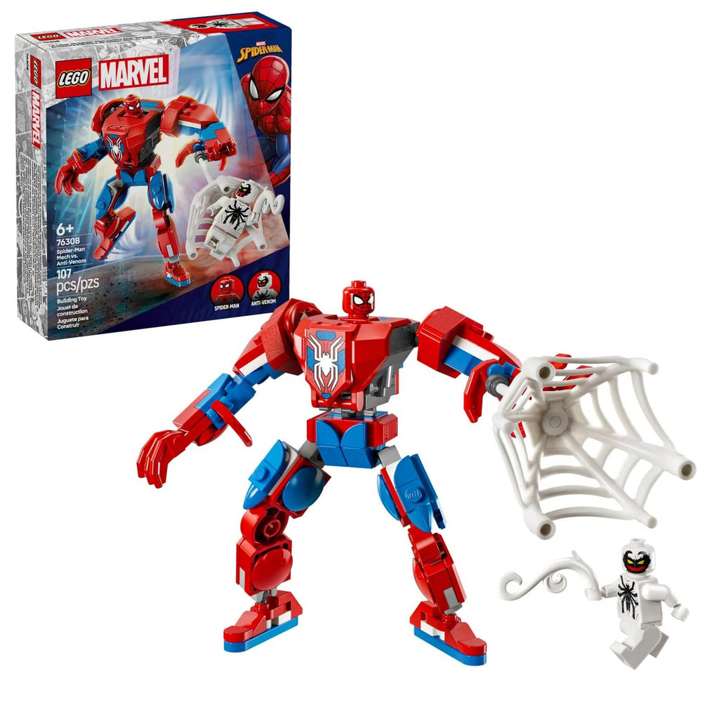 LEGO Marvel mech toy with red-blue spider armor, white web hands, and white minifigure