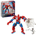 LEGO Marvel mech toy with red-blue spider armor, white web hands, and white minifigure