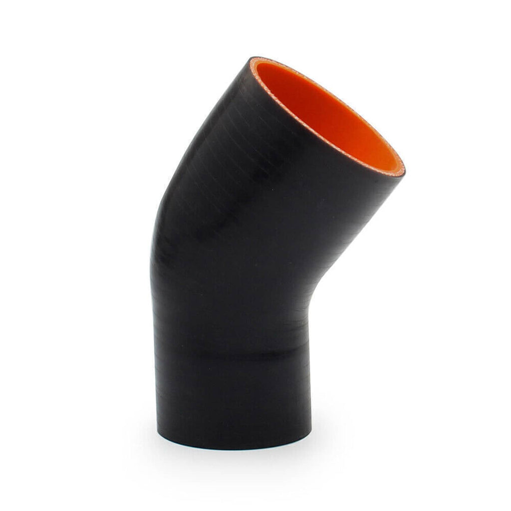 Black silicone elbow pipe with orange interior lining and flared end