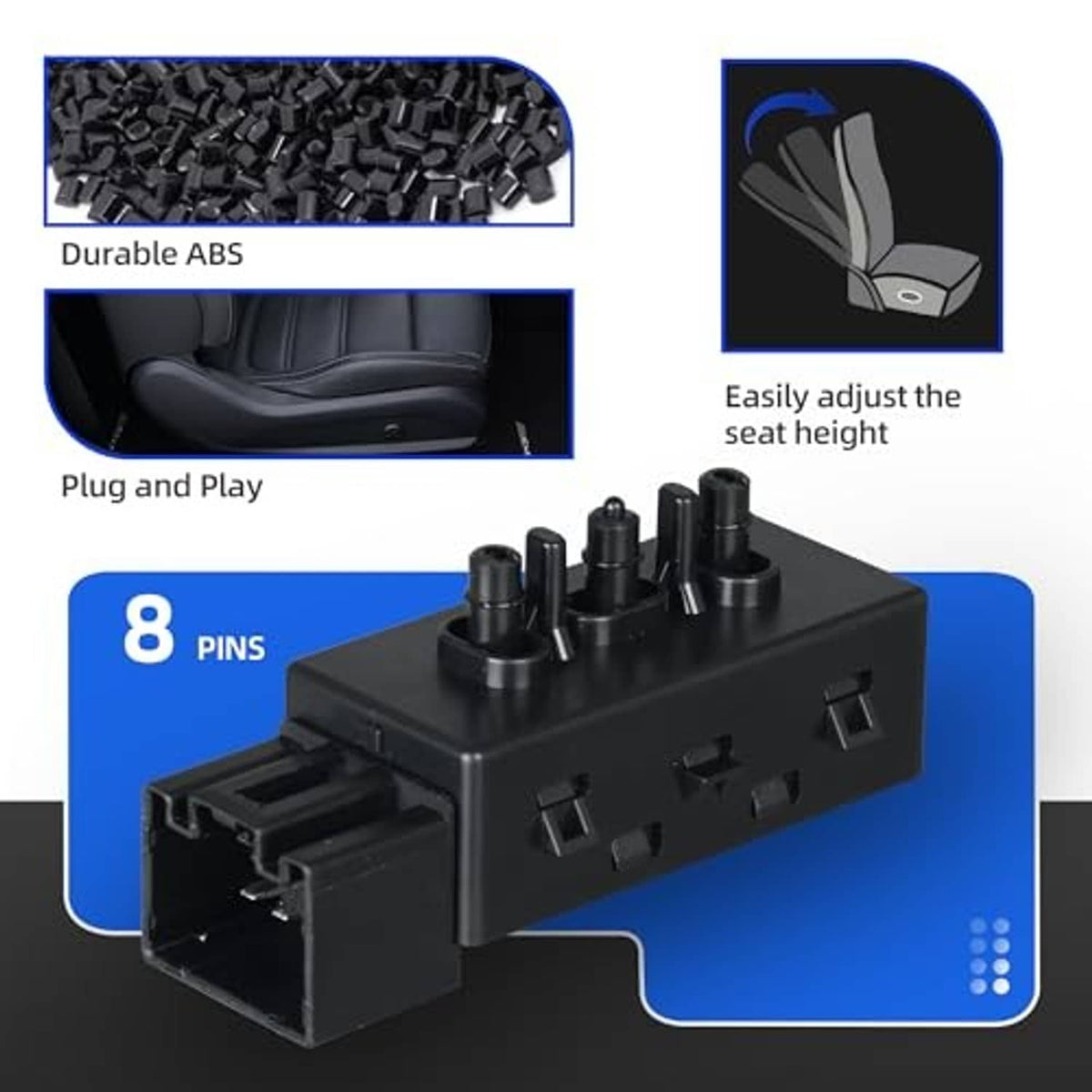 Black power seat switch module with 8-pin housing and adjustment socket