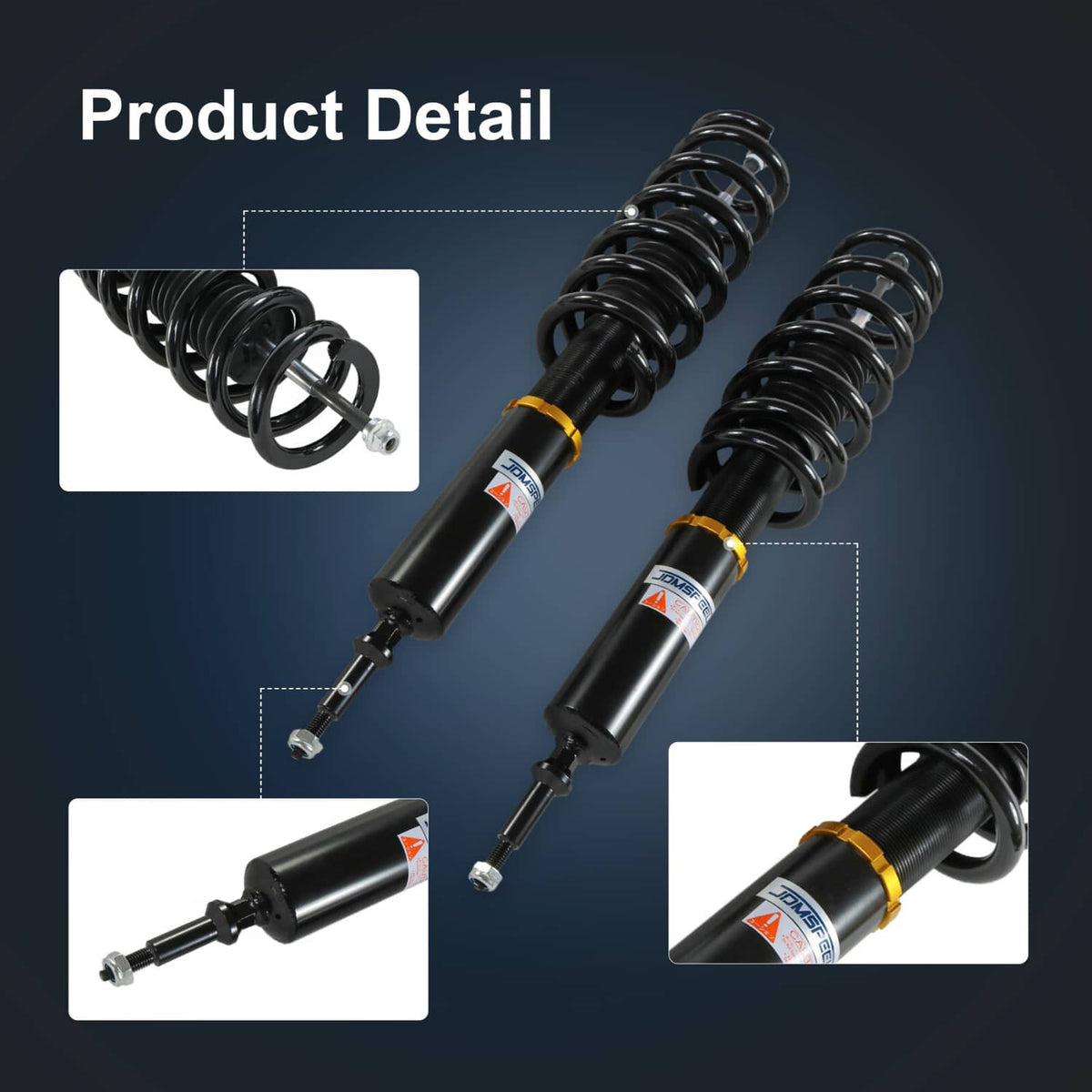 Close-up of coilover shocks with black coil springs and gold adjustment collars