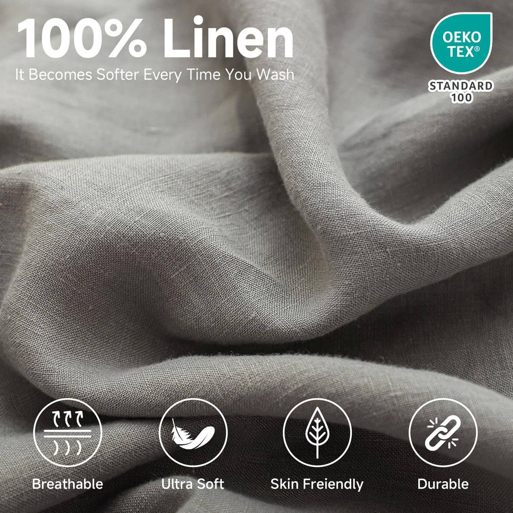 Gray linen fitted mattress cover fabric close-up with breathable textured weave