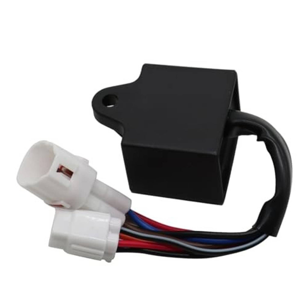 Black CDI ignition control box with black wiring and two white inline connectors