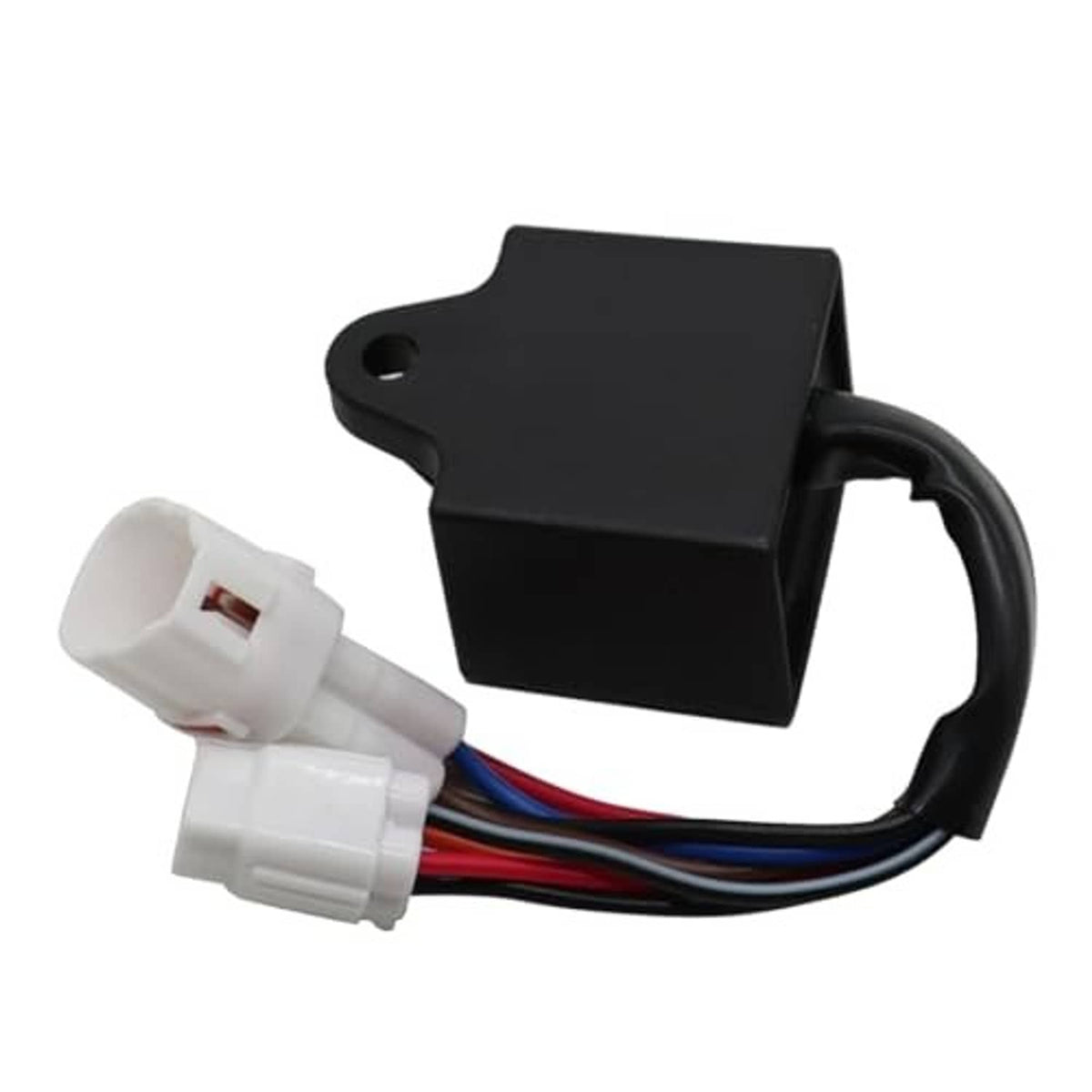 Black CDI ignition control box with black wiring and two white inline connectors