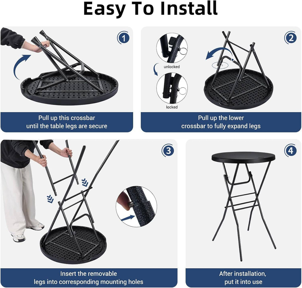 Folding cocktail table with black metal legs and perforated support platform underneath