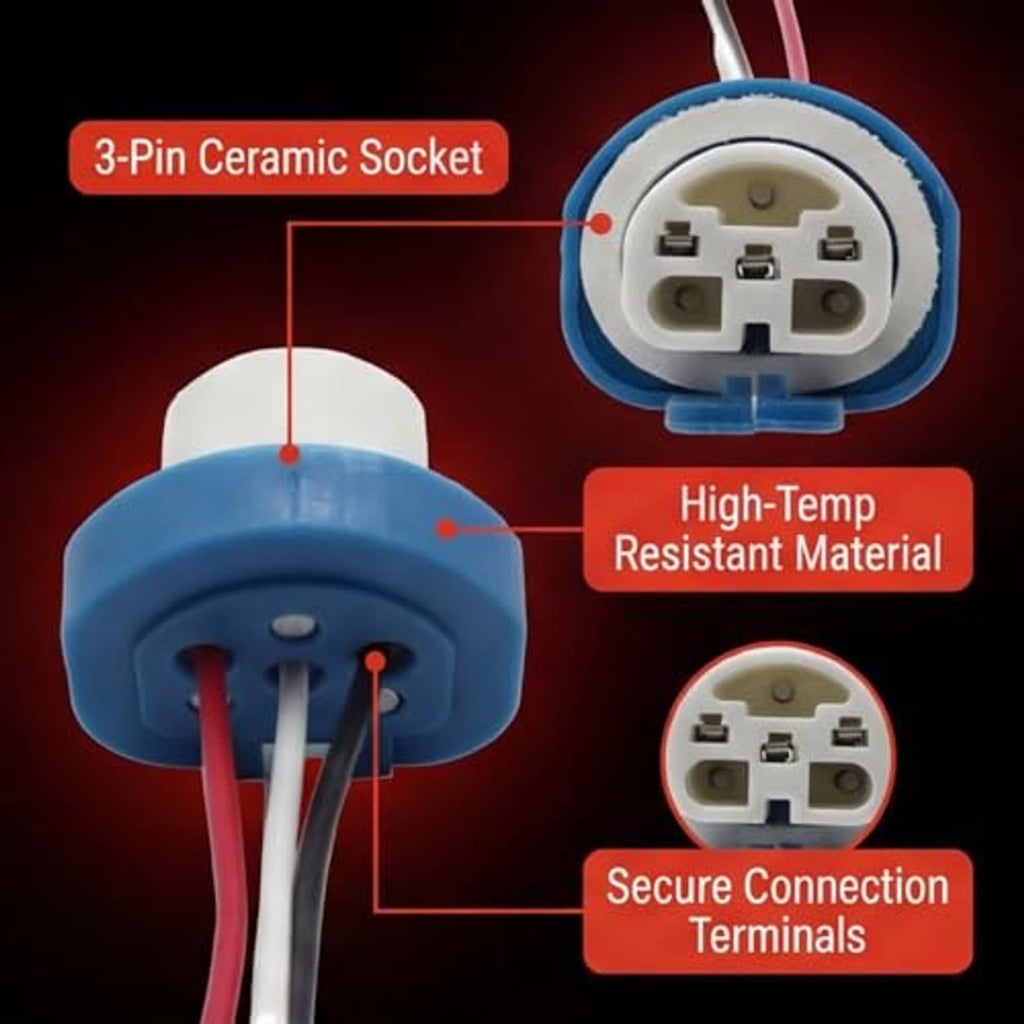 Close-up 3-pin ceramic socket end with blue collar and secure terminals on wiring harness