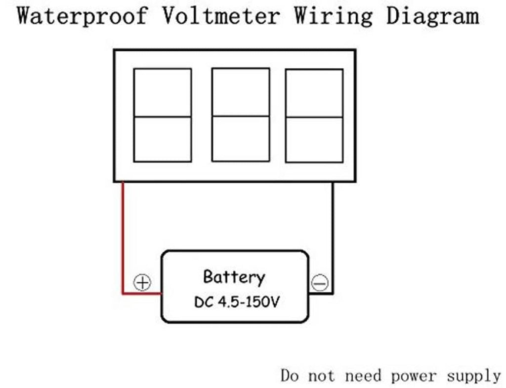 Wiring diagram for waterproof DC voltmeter, connecting to a DC 4.5–150V battery