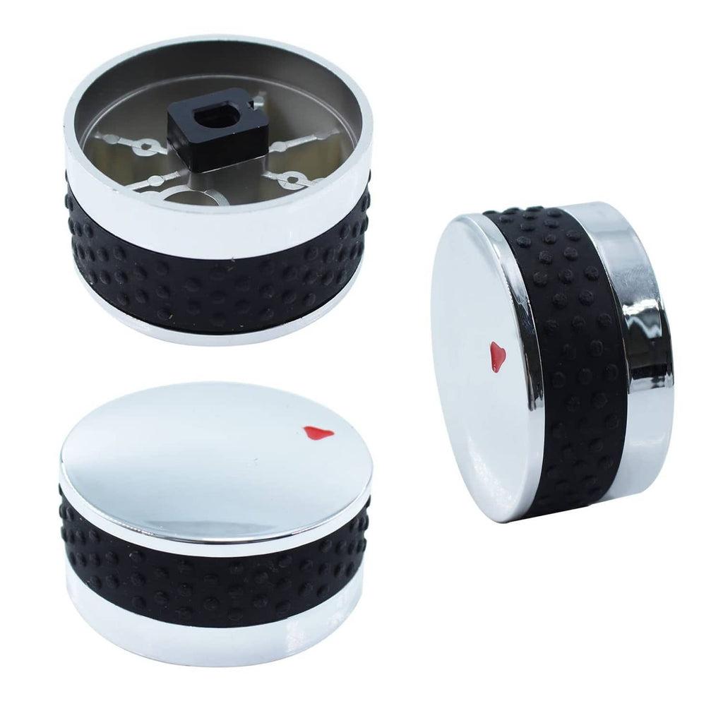 Propane control knob cap with black textured band, silver bezel, internal mounting hole