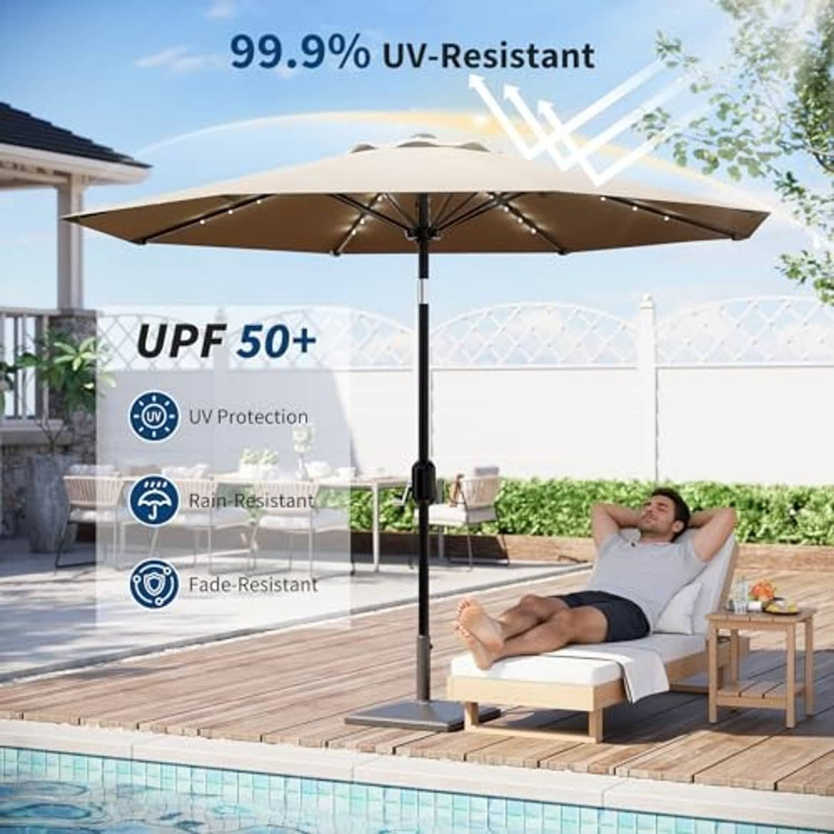 Tan outdoor table umbrella with warm solar LED lights and central support pole