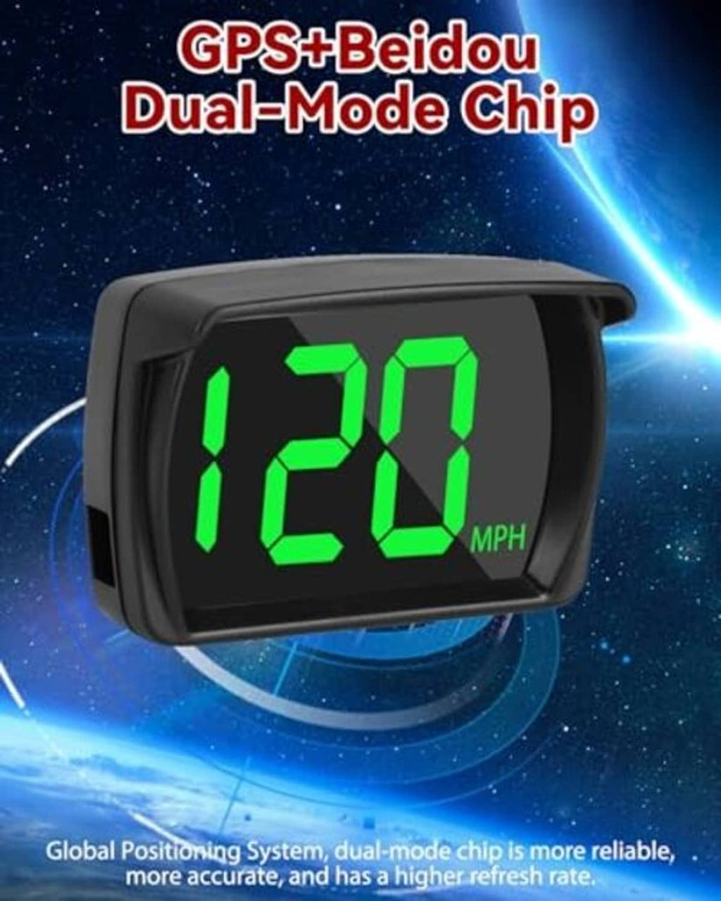 Black GPS HUD speedometer display with green 120 MPH digits.