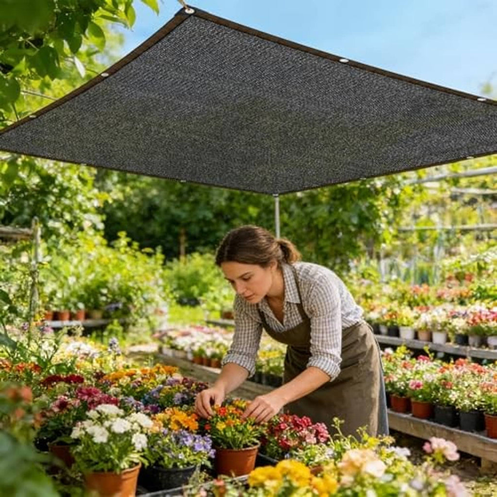 Black garden shade cloth canopy with grommets, providing shade over potted plants.