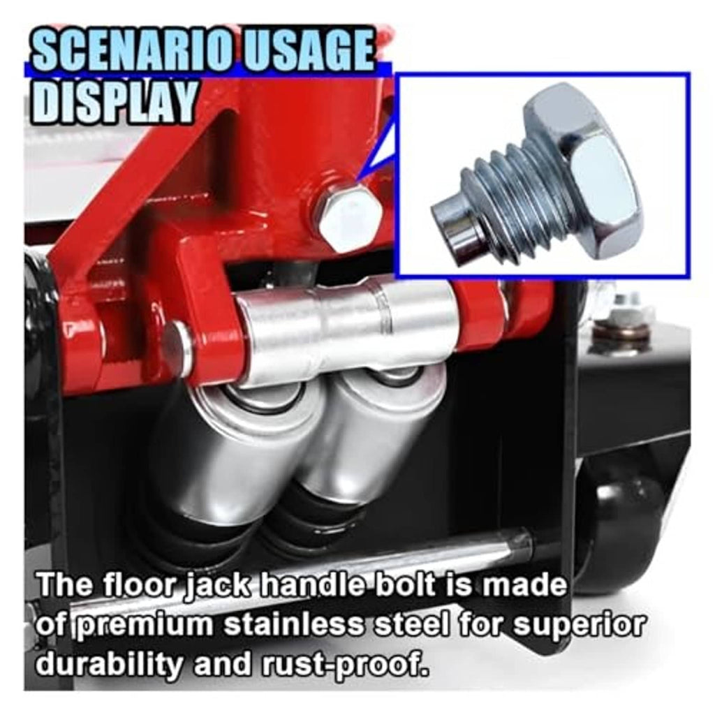 Stainless steel floor jack handle bolt with hex head on red hydraulic floor jack