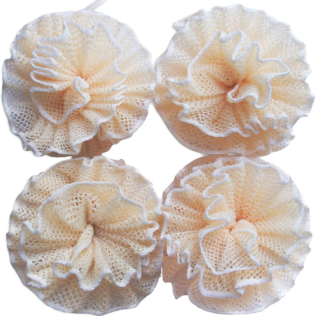 Set of four white mesh shower poufs with flower-like loofah sponges, for exfoliating