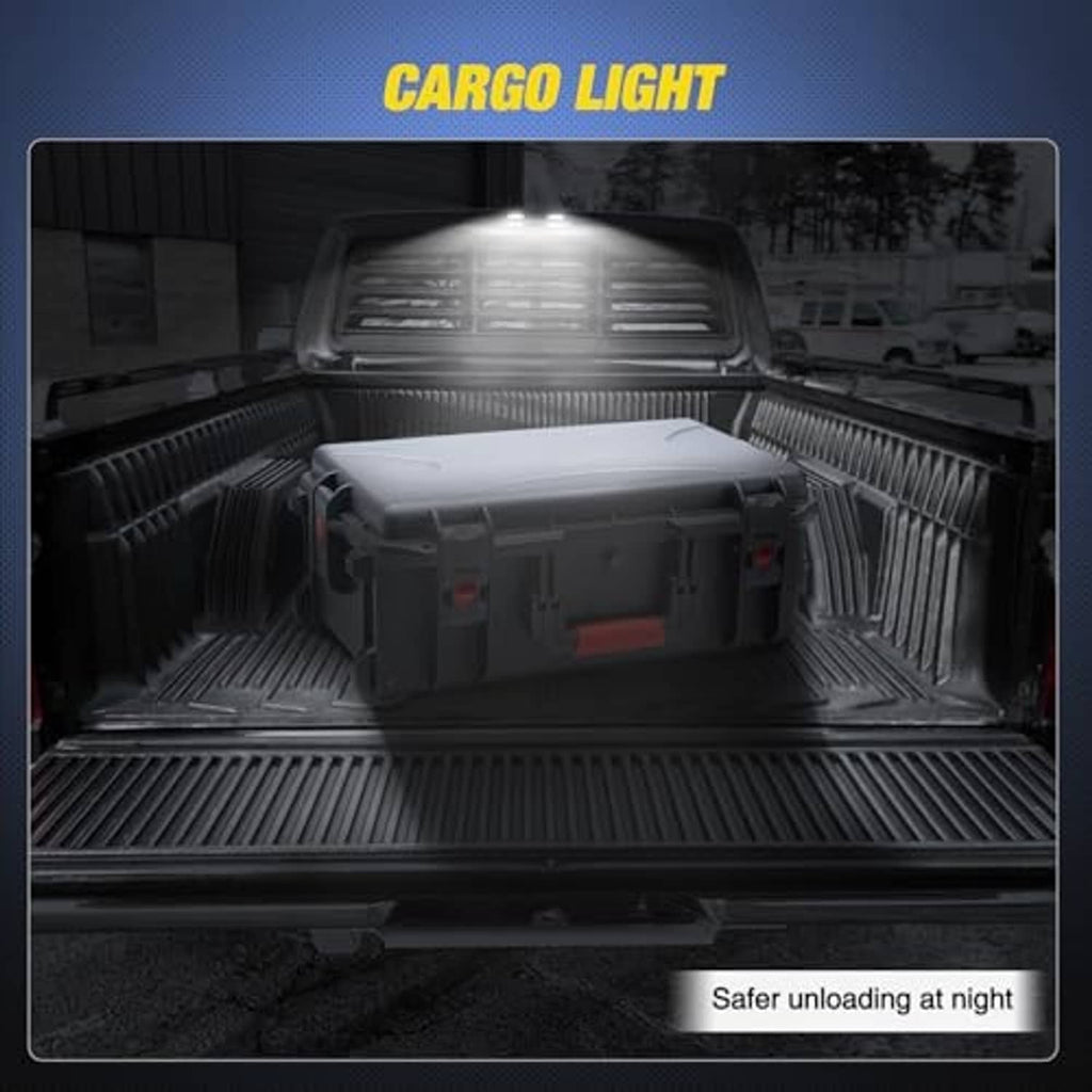 LED cargo light module with integrated housing and wiring, shown in open bed view