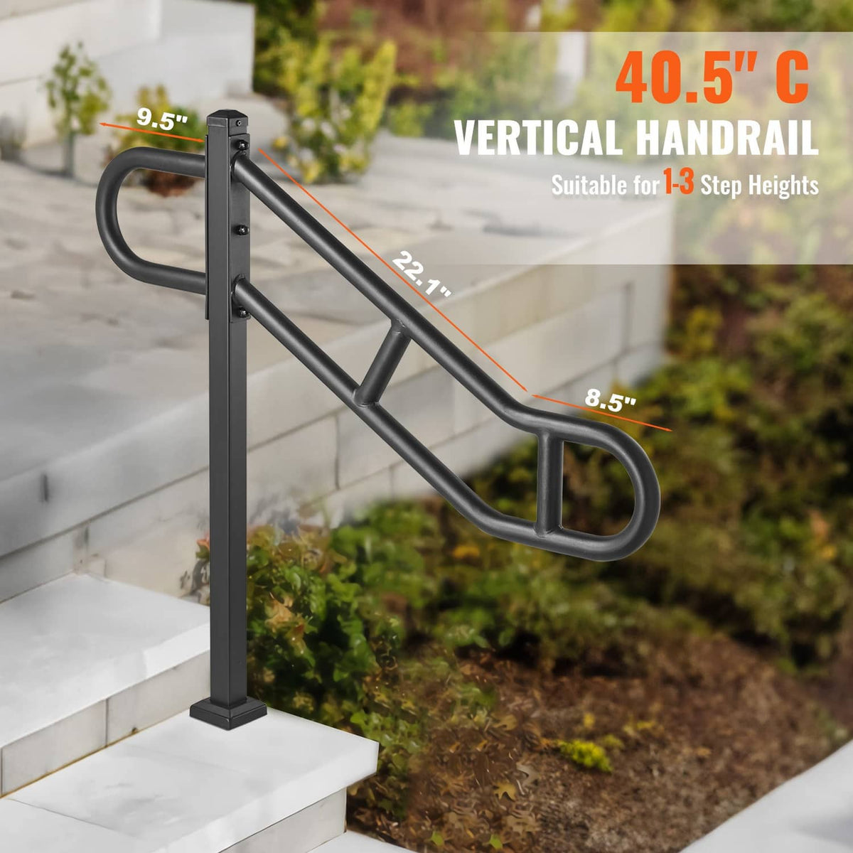 Black vertical handrail with curved grips on both ends and ladder-style center bars
