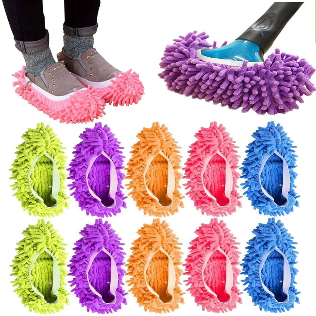 Set of microfiber mop slippers with elastic covers, shown in multiple colors