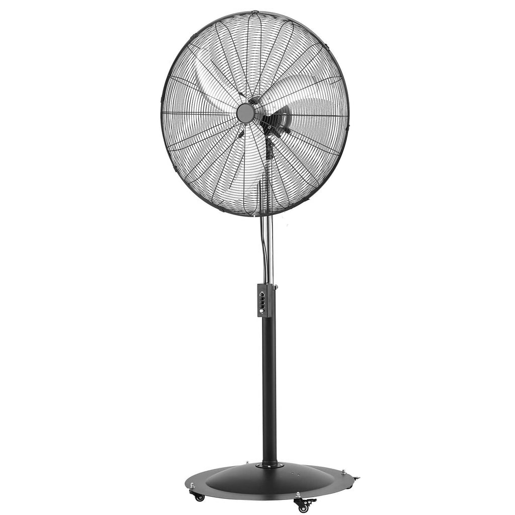 Black 30-inch industrial pedestal fan with wire grille, central hub, and wheeled base