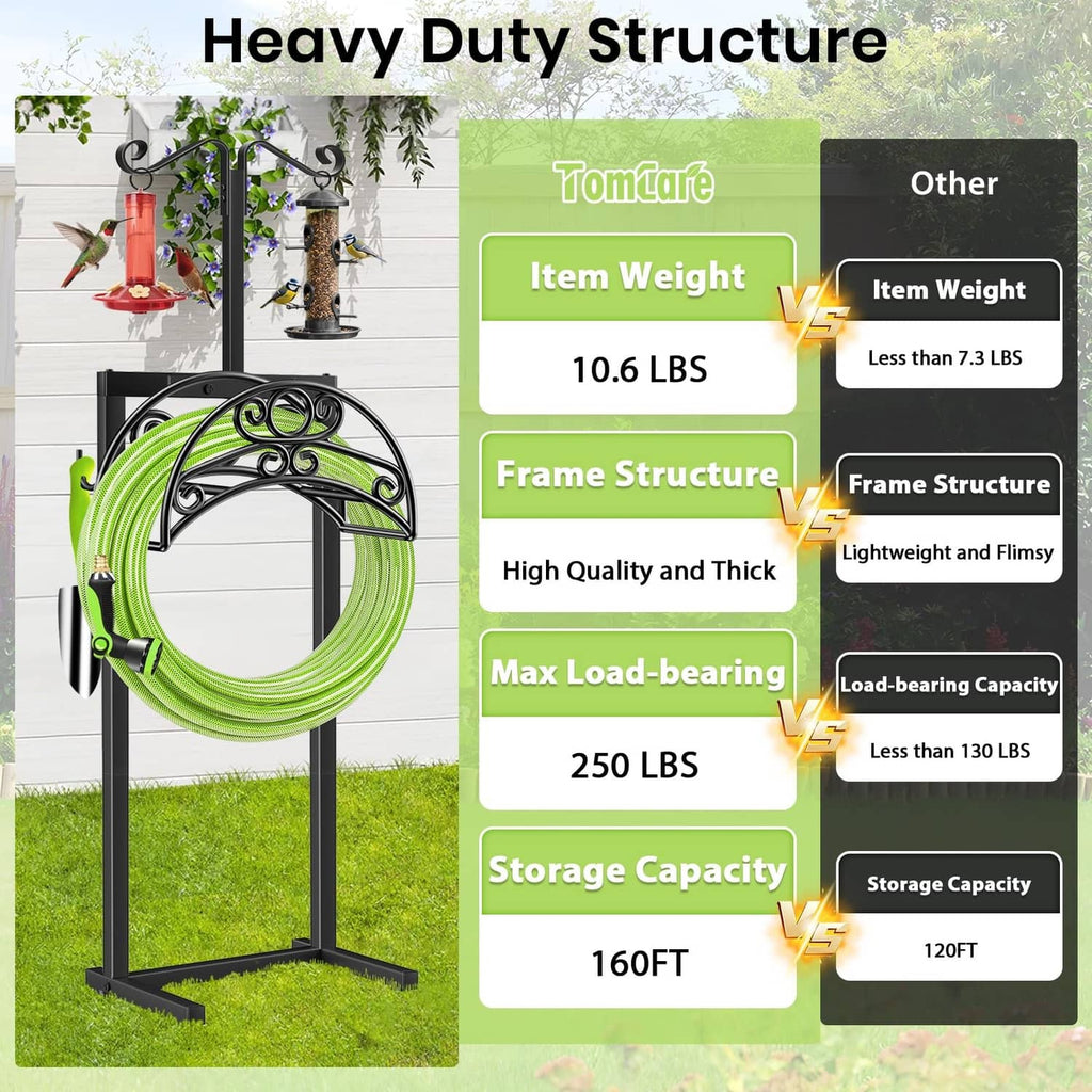 Outdoor black hose reel holder with green coiled hose and lantern hook details