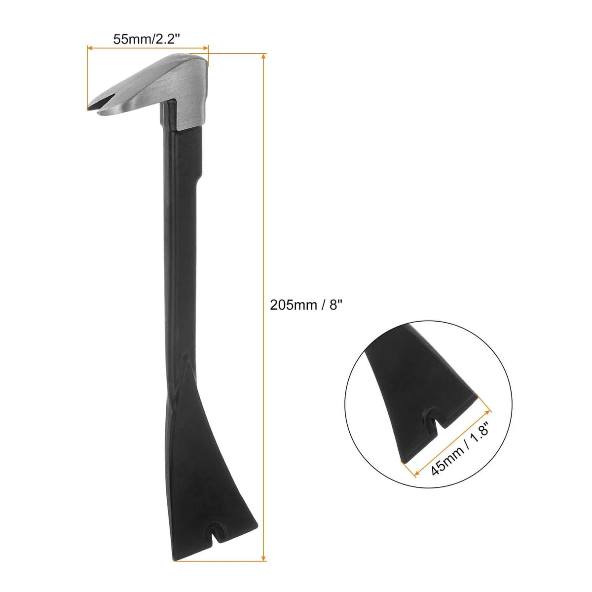 8 in nail puller claw pry bar with curved claw head, black handle, steel tool