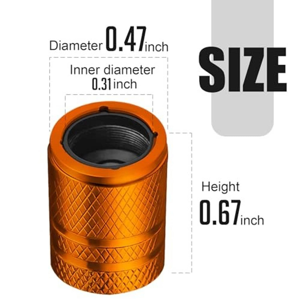 Orange metal valve stem cap with black inner threads, shown side and top