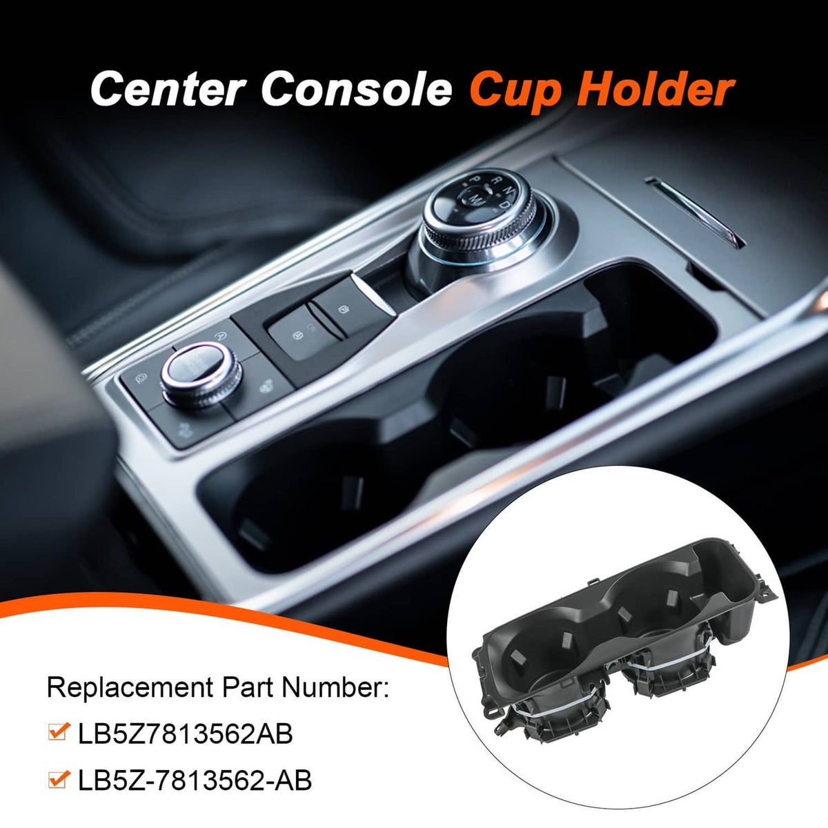 Black two-cup center console cup holder positioned in the car console