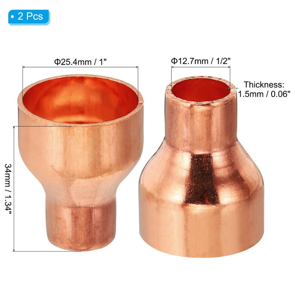 Copper reducer fitting, 1/2 in ID flared coupler, copper-colored, 2-pack