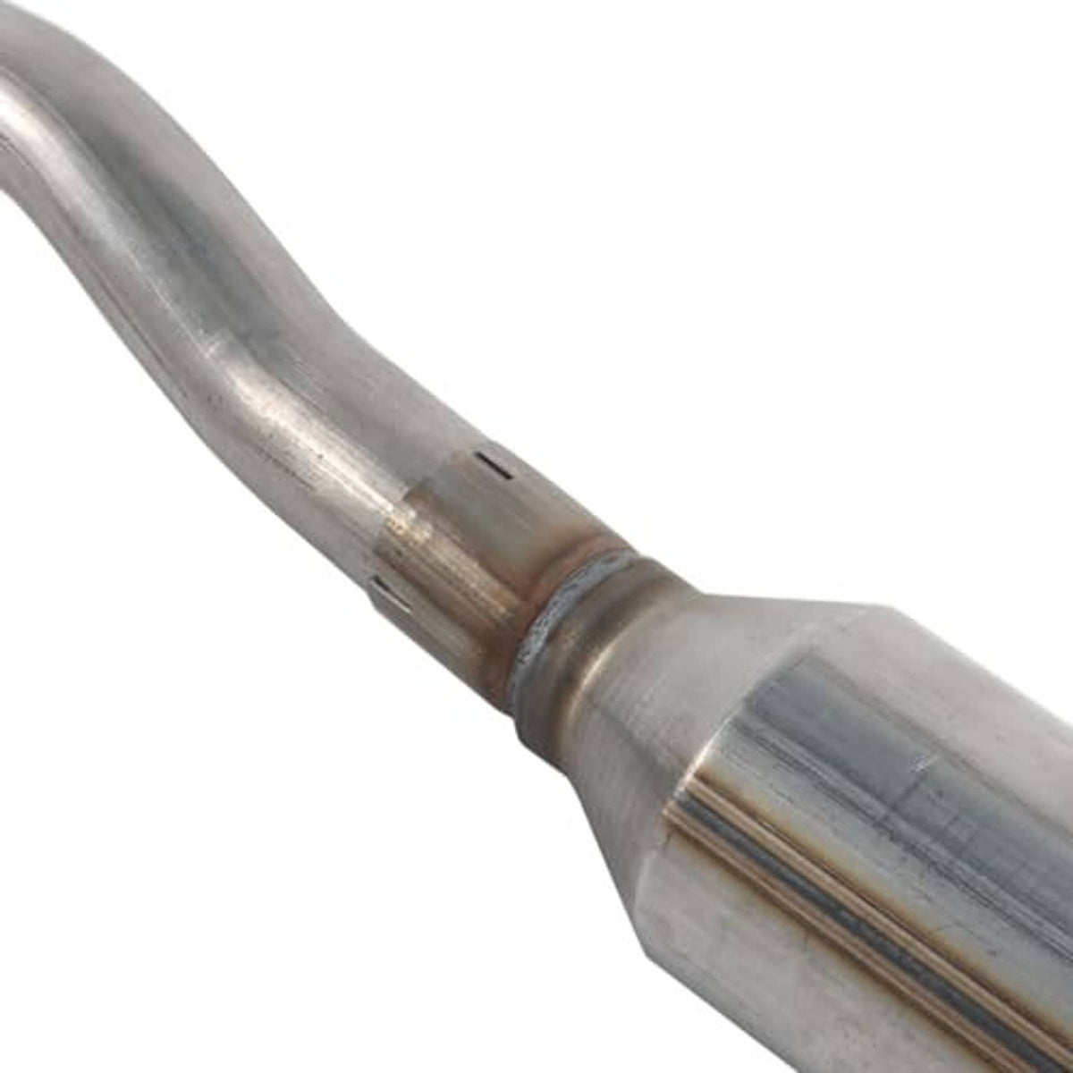 Close-up stainless exhaust pipe joint with band clamp detail