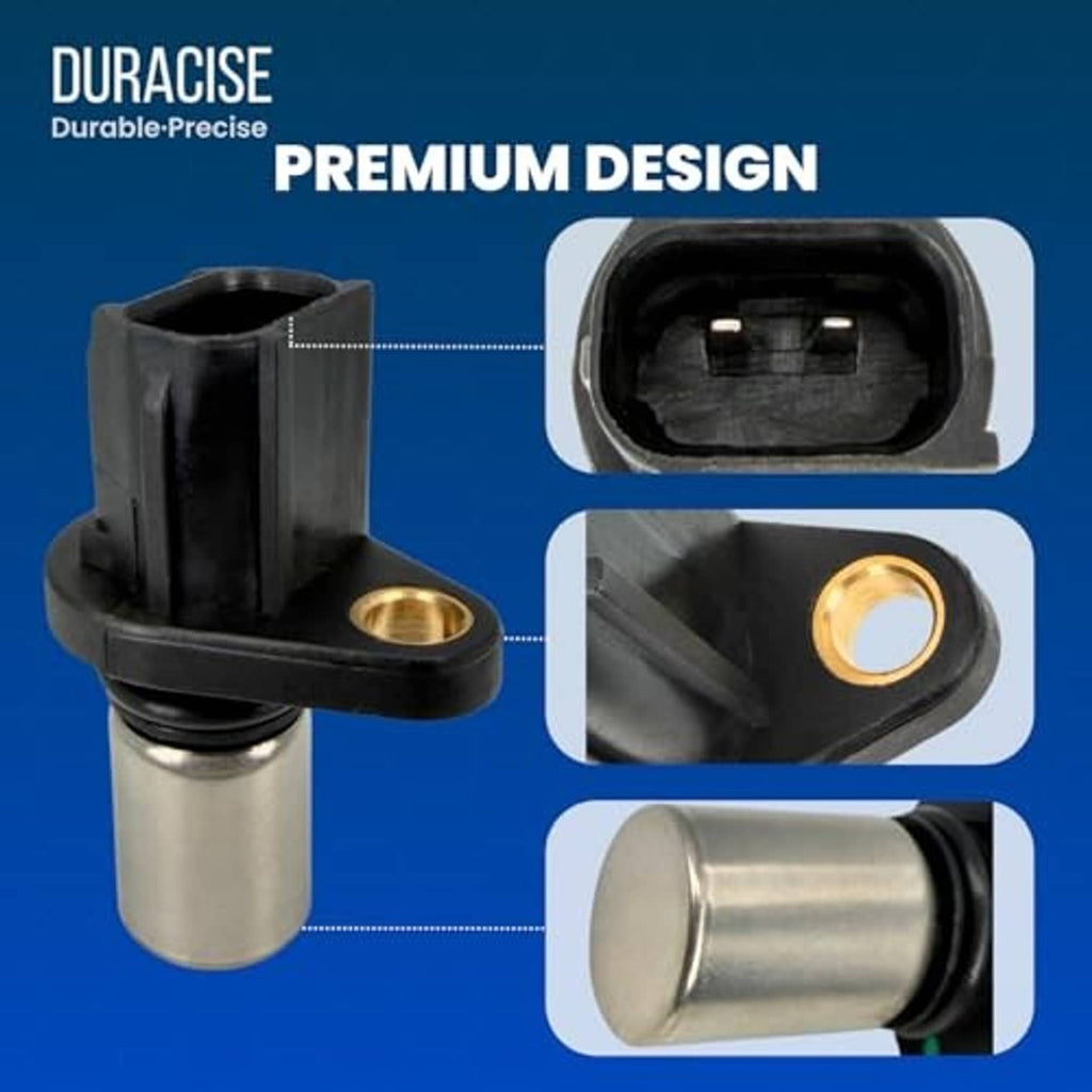 Camshaft position sensor with black connector and gold contact, shown with detail insets